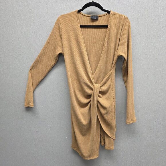 Vici Dresses & Skirts - Vici Tyche Dress Womens Large Camel Tie Front Ribbed Knit Long Sleeve Made USA